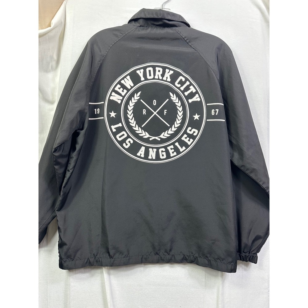 Ring Of fire‎ Black Coach Jacket New York City Los Angeles Snap Windbreaker SZ L